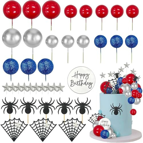 FOSDICK 37 Piezas Spider Decoracion Tartas Cumpleaños, Spider Decoración Tarta, Telarañas Estrellas Rojo Plateado Azul Bolas Cake Toppers, Arañas Decoración de Pasteles para Fiesta de Cumpleaños Niños
