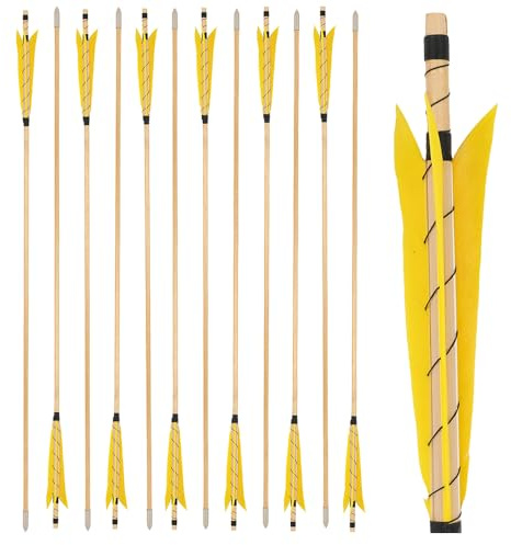 FQH 6/12pcs 32.3Inch Wooden Arrow 8mm Shaft Stainless Steel Arrowhead 5 Turkey Feathers for Traditional Recurve Bow Longbow Hunting Shooting Target (6 PCS, Yellow)