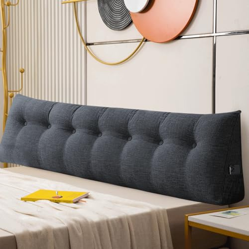 XUANYU Rückenkissen 200 cm Breit - Lesekissen für Bett und Sofa Keilkissen Rückenpolster Kissen mit Waschbarem Bezug und Praktischem Seitenfach (Dunkelgrau 200 cm)