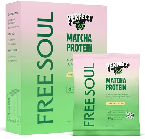 Matcha Protein Powder by Free Soul x PerfectTed | Protein Powder & Ceremonial Grade Matcha Powder with Digestive Enzymes | 5 x 25g Sachets | 18g Protein | Vanilla Flavour