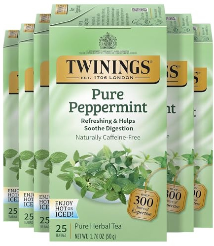 Twinings Pure Peppermint Caffeine-Free Herbal Tea Bags, 25 CT Box (6 Pack)