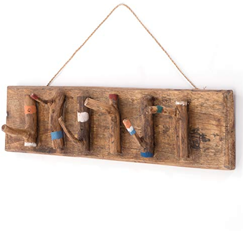 DESIGN DELIGHTS Vintage WANDGARDEROBE Samoa | bunt, 60x14x11cm (BxHxT), Swietenia Mahagoni | Hakenleiste mit Ästen, Wandhaken, Flurgarderobe, Holzgarderobe