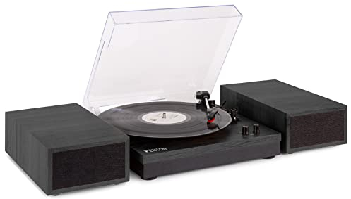 Fenton RP165B Record Player with Speakers – Retro Bluetooth Turntable, 3-Speed Vinyl Player, Stereo Speakers Included, Wireless Audio Streaming, Stylish Black & Grey Finish for Home Audio