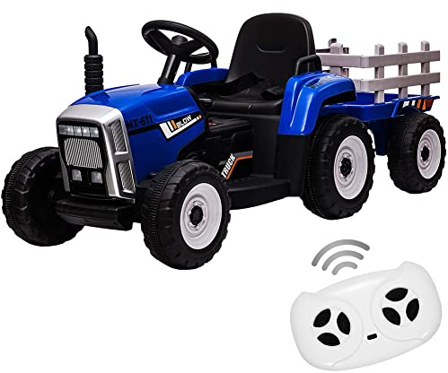 12V Kids Ride On Tractor with Trailer & Remote Control, Toddler Battery Powered Electric Car Slow Start 7LED Headlights USB Music Player 2+1 Gear Shift, Blue, 25W/Treaded Tires
