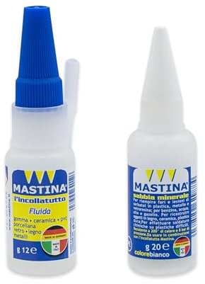 Mastina Incollatutto da 12g e SABBIA BIANCA da 20g, Kit per Riparazione Professionale su Plastica Legno Metallo Ceramica Gomma e Pietra, Adatto per la saldatura chimica su Plastica