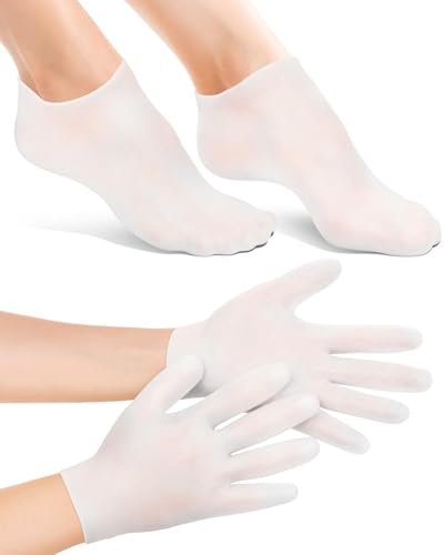 BLATOWN Silicone Moisturizing Glove Socks Set, Anti Slip Soft Spa Gel Socks Softening Feet Dry Cracked Skin, Women Spa Pedicure Socks for Foot Hand Softening, Foot Care After Pedicure (White)