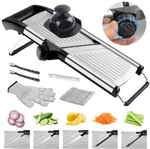 NIOSAVM commercial Mandoline Slicer,Stainless Steel Vegetable Slicer,non-slip mandoline slicer for kitchen,Keto,Potato,cucumber,4 Blades & Cut-Resistant Gloves(Includes Brush & Cloth).
