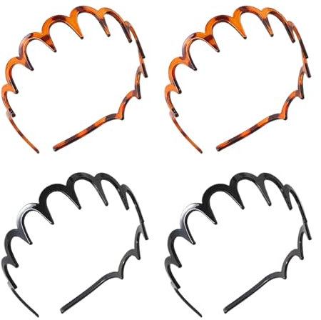 4 Stück Zickzack Haarreif,Make Up Haarreif,Haifischzahn Haarkamm Kunststoff,Gewelltes Zickzack Haarreifen,für Sport Fitness Tägliches für Damen (Schwarz/Leopardenbraun)