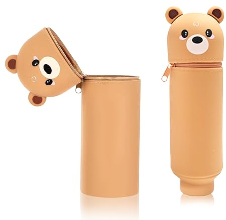 Jortmrd 2-in-1 Kawaii Federmäppchen aus Weichem Silikon Mäppchen Bär für Stifte, Steh Federtasche für Mädchen und Jungen, Schlampermäppchen Teleskopisch für Schule, Büro, Home Office