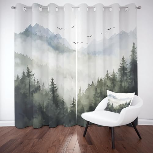 Kntnshac Natur Wald Landschaft Verdunklungsvorhänge Kinderzimmer, Aquarell Dschungel Berg Thermovorhang Kälteschutz, Regenwald Nebel Schallschutz Gardinen mit Schlaufen Blickdicht 2er Set 200x140 cm