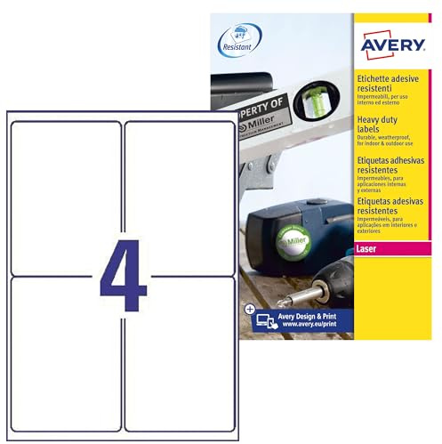 AVERY Zweckform L4774-8 Wetterfeste Folienetiketten (32 Klebeetiketten, 99,1x139mm auf A4, extrem stark selbstklebend, wasserfest, strapazierfähig, bedruckbare Outdoor Klebefolie) 8 Blatt, weiß