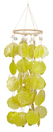 Relaxdays Capiz Windspiel mit Traumfängernetz, Klangspiel mit Muscheln, Gartendeko, 48 cm lange Capiz-Girlanden, gelb, 15.5 x 15.5 x 70 cm