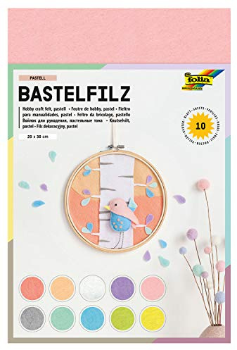 Folia 520495 - Bastelfilz Pastell, Feine Wollqualität, 10 Blatt, 150 G/qm, 20 X 30 Cm, Sortiert In 10 Pastellfarben, Klebefleckenfreie Verarbeitung, Ideal Für Vielfältige Bastelarbeiten