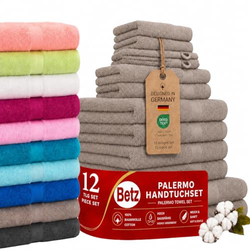 Betz Palermo Handtuch-Set 12-teilig – 100% Baumwolle – Oeko-TEX® Zertifiziert – extra saugfähig & weich – hohe Grammatur – Duschtücher, Handtücher, Gästetücher & Waschhandschuhe Farbe Stone