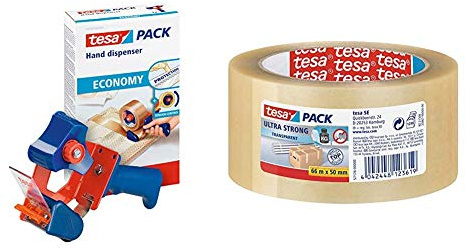 tesa Packband Handabroller ECONOMY - robuster Abroller für Paketbänder - Für Klebebänder mit bis zu 50 cm Breite & 57176-00000-08 pack Ultra Strong - PVC-Klebebänder für festes Verpacken - 66m x 50mm