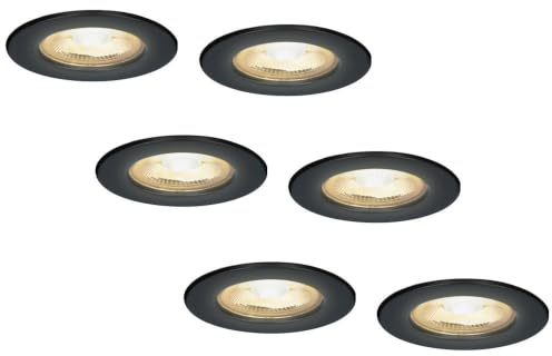 HOFTRONIC 6x Nola - LED Einbaustrahler 68mm Schwarz - IP65 Wasserdicht für Außen, Dachüberstand und Bad - 5W 450lm - 2700K Extra Warmweiß - Deckeneinbauleuchte Einbauspots