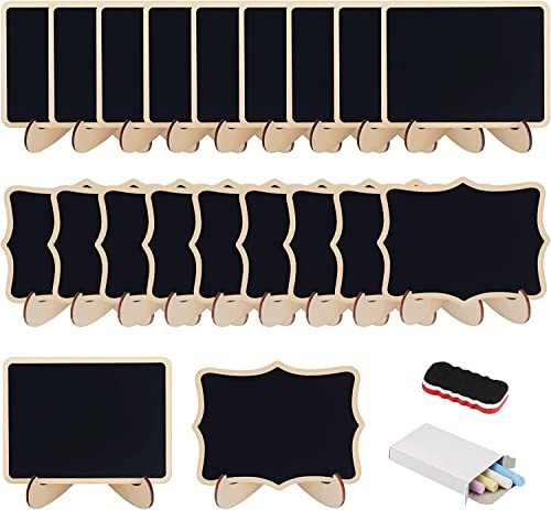 DKINY 20 Mini Kreidetafel Set, Klein Holz Kreidetafel mit Ständer, Holz Tafeln zum Beschriften, als Tischkarten Memotafel Platzkarte Namen Preisschilder für Hochzeit Buffet Geburtstag Party Tischdeko