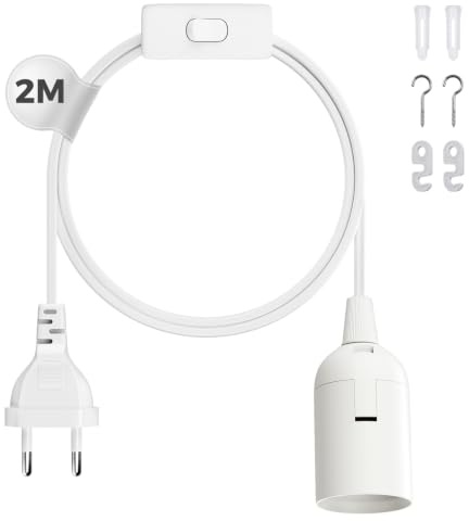 DiCUNO 2M E27 Lampenfassung mit Schalter, EU-Stecker, Weiß, 1er Pack | E27 Lampensockel mit Netzkabel für Lampenaufhängung, Pendelleuchten, Deckenlampen, DIY-Projekte