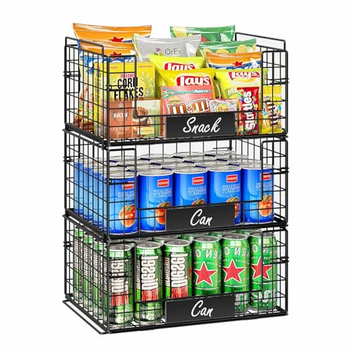 JKsmart 3 Pack XXL Stackable Wire Baskets with Handles for Pantry Storage and Organization, Fruit and Vegetable Basket with Name Plates, Metal Storage Bins for Snack Can Fruit Veggies, XXL