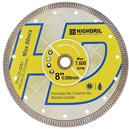 HIGHDRIL Diamant Trennscheibe - 200MM Diamant Fliesen Sägeblatt Scheibe Schneiden Porzellan Fliesen Keramik Granit Marmor Trocken oder Nass verwenden Kreissägeblatt mit Turbo X Mesh