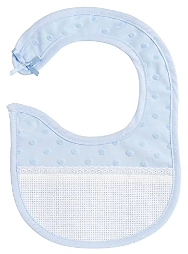Filet - Bavaglino Realizzato in Morbido Tessuto Effetto Pois 3D con Tasca in Tela Aida da Ricamare, Chiusura con Strap, per Neonati, 100% Made in Italy, Colore Azzurro e Bianco, taglia unica