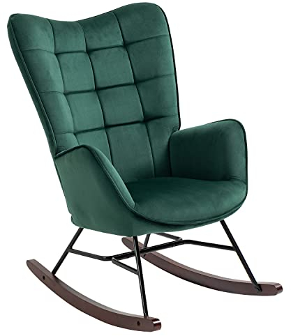 MEUBLE COSY Schaukelstuhl Schaukelsessel Relaxstuhl Sessel mit Armlehnen und gepolsterter Sitzfläche für Wohnzimmer Schlafzimmer, Metallgestell und Holzsockel, Samt, Grün, Holz, 66x84x97 cm