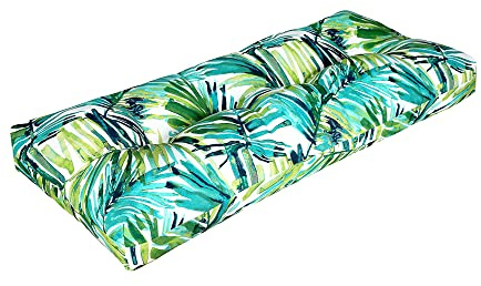 Magpie Fabrics Indoor Outdoor Bench Cushion 45x18, Non-Slip Tufted Long Seat Pads, Patio Loveseat Cushion for Window, Garden, Swing, Settee - Green Palm Leaves