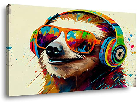 Visario Leinwandbild 80x60 cm 4048 Faultier mit Sonnenbrille und Kopfhörer Tiermotiv lustig bunt Wandbild Kunstdruck auf Leinwand fertig aufgespannt Holzrahmen Wanddekoration Wohnzimmer Schlafzimmer