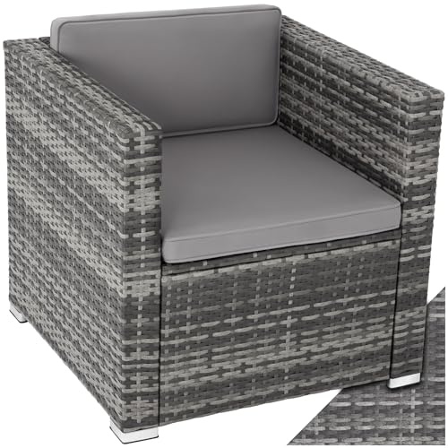 tectake® Cosy Rattan Garden Armchair, UV-Resistant Poly-Rattan, Steel Frame, Removable Water-Repellent Washable Covers, Easy Clean Single Sofa Chair for Patio, Conservatory, Summer House - grey