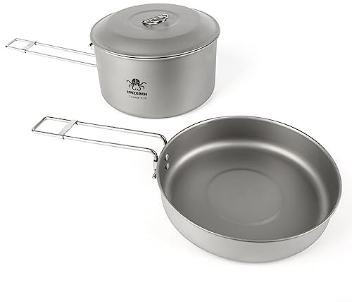 ARMYJY Titanium Bowls, 2Pcs Set Portable Titanium Pot Dinner Pan Ultralight Camping Cookware Outdoor Backpacking Dishes Multifunctional Tableware with Folding-Handle