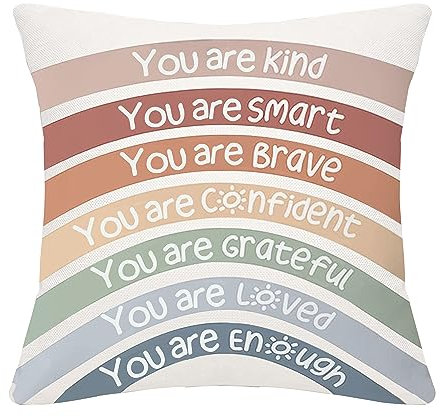 Bommex Inspirational Quote You Are Kind Smart Brave Confident Grateful Loved Enough Rainbow Cushion Covers Inspirational Gift for Kids Girls Women Birthday Gift Graduation Gift (you are kind)