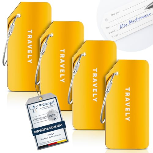 Travely Premium Kofferanhänger - leicht Erkennbar, Robust & Sicher - inkl. Namensschild und Privatsphäre Schutz I Vielseitig und Praktische Adressanhänger, Namensanhänger & Gepäckanhänger