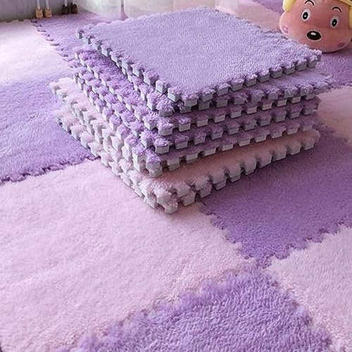 Typutomi 12pcs Plush Puzzle Foam Floor Mat, Soft Thicken Fluffy Interlocking Square Foam Tiles Area Rugs Carpet for Parlor Bedroom Decoration(11.8x11.8x0.55in,Purple&Pink)