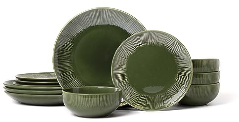 Mikasa Jardin 12-Piece Dinner Set, Stoneware Dinner Set for 4 with Dinner Plates, Side Plates and Bowls, Green - Gift Boxed & Dishwasher Safe