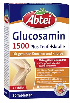 Abtei Glucosamin 1500 Plus Teufelskralle - Nahrungsergänzung für gesunde Knochen und Knorpel - hochdosiert - mit Teufelskrallenwurzel-Extrakt - 1 x 30 Tabletten