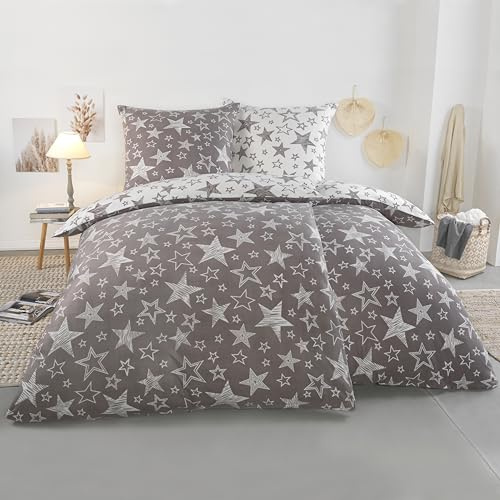 BaSaTex Microfaser Bettwäsche Set, 4-TLG., 135x200 | Flausch Sterne grau Weiss Taupe Fleece Thermofleece Set
