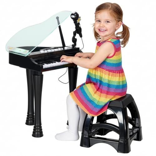 AIYAPLAY Piano Electrónico Infantil de 32 Teclas 37x30,5x60,4 cm Negro | Juego de Piano, con Micrófono, Taburete, Luces, 22 Canciones, 4 Sonidos, Patas Desmontables, Volumen Ajustable
