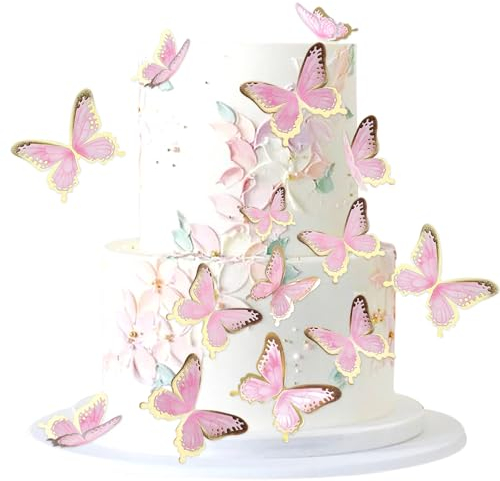 Blumomon 30 Stück 3D Schmetterling Kuchen Topper Dekorationen Rosa Gold Rand Mischgröße Schmetterling Cupcake Toppers Picks Hochzeit Baby Dusche Party Hochzeitstag Geburtstag Party Cupcake Dekoration