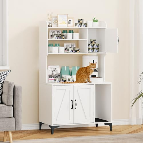 GAOMON Katzentoilette mit Regalen, Katzenklo Gehege, Versteckte Katzentoilette Möbel, Versteckte Katzentoilette Gehege Möbel, Katzentoilette Aufbewahrung, Katzenhaus für den Innenbereich, Weiß