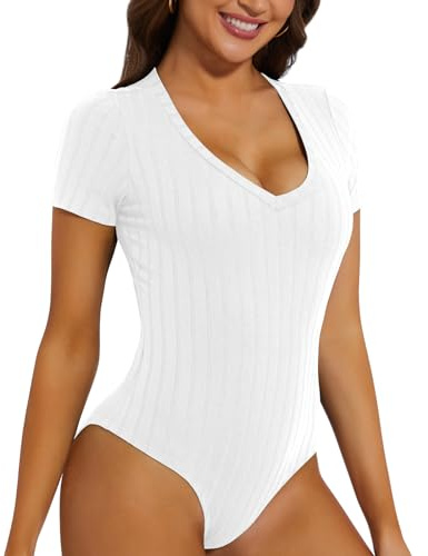 WOWENY Body da donna a maniche corte con scollo a V T-shirt Top a costine Eleganti e comodi top elasticizzati