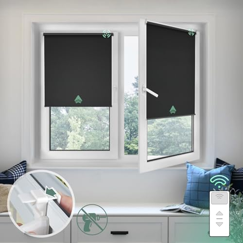 Yoolax Elektrische Rollos mit Motor& Fernbedienung, Klemmfix Rollos für Fenster Ohne/Mit Bohren,Smart Rollo Nach Maß(100% Verdunkelung Stoff Schwarz)