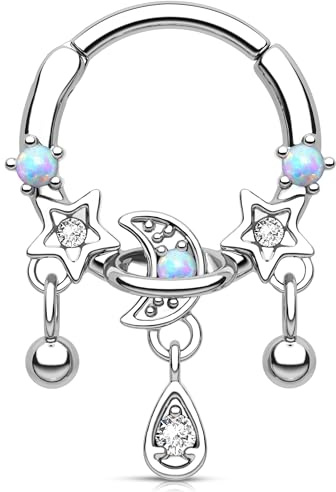 Melighting Piercing per setto nasale con opale e stella, in acciaio inox 316L, con segmento incernierato, per donne e uomini, 8mm, Acciaio inossidabile
