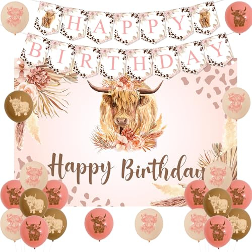 Jollyboom Highland Cow Geburtstagsdekorationen Mädchen, Kuh Happy Birthday Hintergrund Rosa Braun Hochlandkuh Ballon Rosa Happy Birthday Banner für Mädchen Kuh Themenparty