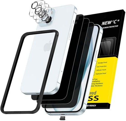 NEW'C 3 x Sichtschutz für iPhone 15 für Panzerglas (6,1 Zoll) und 3 x Kamera Panzer Schutz Glas Kameraschutz-Einfaches Installationswerkzeug enthalten+ Staubschutzstöpsel-Verbesserter 28-Grad