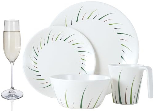 Melamin Camping Geschirr Set 4 Personen Limon Design + 4 Tiamo Champgner Gläser Flûtes Tafelgeschirr Picknick BBQ Kochgeschirr