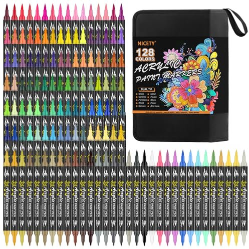 NICETY 128 Pcs Felt Acrylic Paint Pen - Dual Tip Acrylic Paint Marker for Wood, Canvas, Glass, Ceramics - Water Based, 0.5~5 mm Fine & Brush Tip
