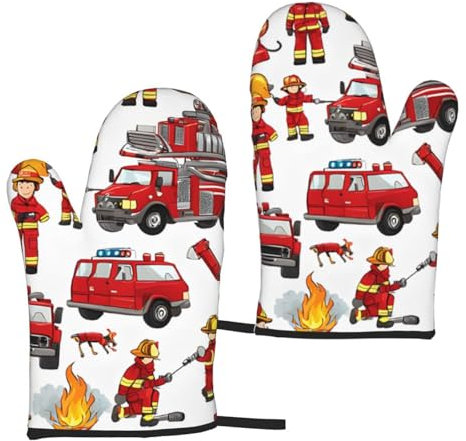 Little Boys And Girls In Firefighters Microwave Oven Gloves (2-Piece Set) Used For Kitchen Cooking And Bakings-Heat-Resistance Thick And Safe Protecting Hands From Hot Utensils