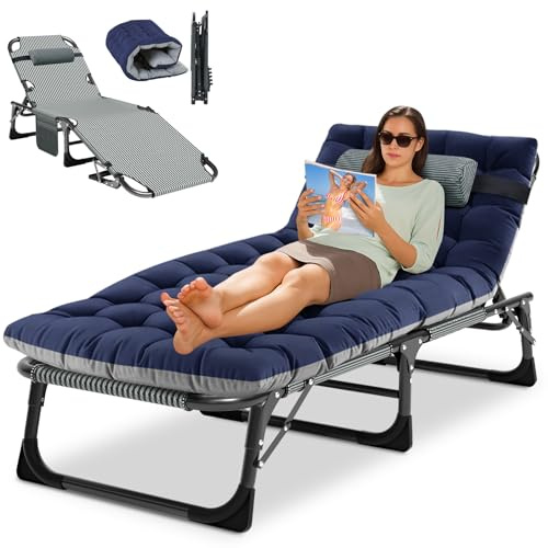 Obqer Folding Sun Lounger for Garden, 200KG Heavy Duty Camping Bed, Portable Sun Loungers Chair with Mattress and Headrest, 5 Adjustable Backrest, Guest Bed for Garden Pool Patio Travel Office