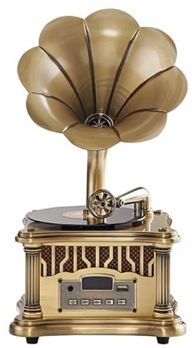 Vintage Gramophone with Bluetooth Record Player, FM Radio & Remote Control - Retro Metal Horn for Home Decor & Entertainment