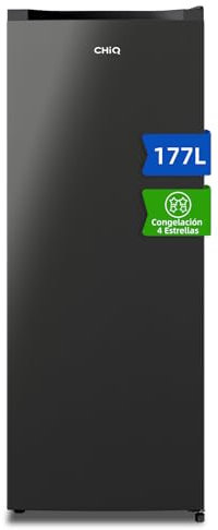 CHiQ CSD208D4E Congelador Vertical 177L - Tecnología Low Frost, Congelación 4 Estrellas (-24℃), Silencioso 39dB, Diseño Acero Negro, Pies Ajustables & Puerta Reversible, Compacto 540x550x1440mm